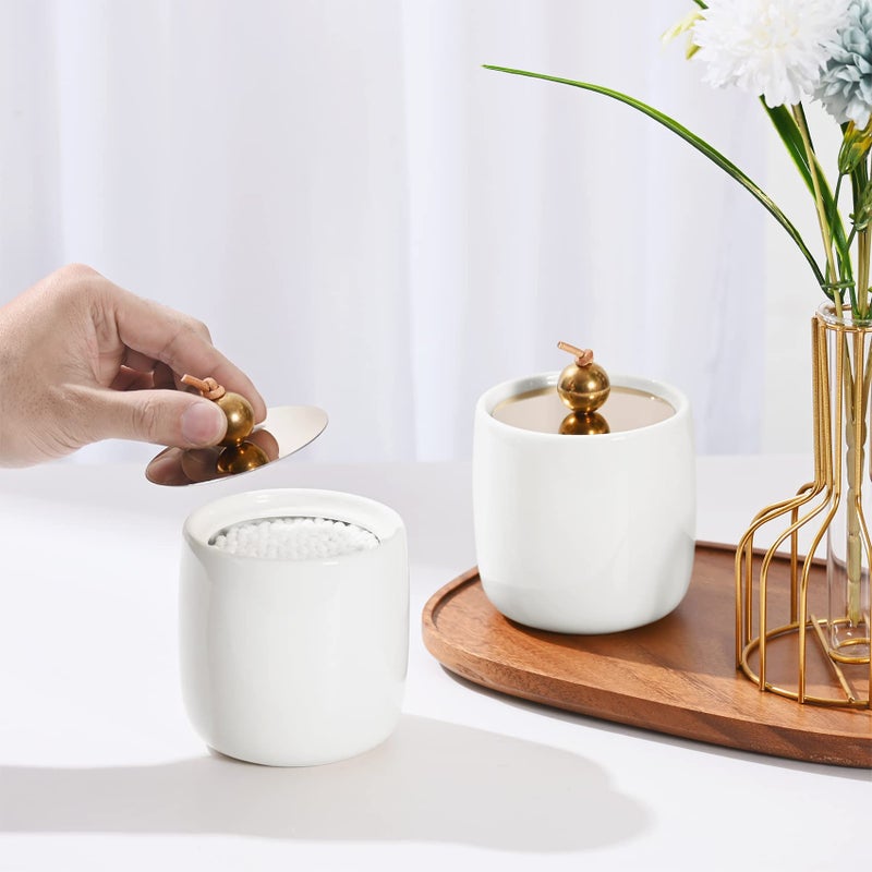 Satu Brown 2 Pack Ceramic Qtip Holder Dispenser with Gold Lids   White Apothecary Jars Bathroom Vanity Organizer - Bathroom Canister for Cotton Swabs  Rounds  Balls  Makeup Sponges  Bath Salts - Image 3